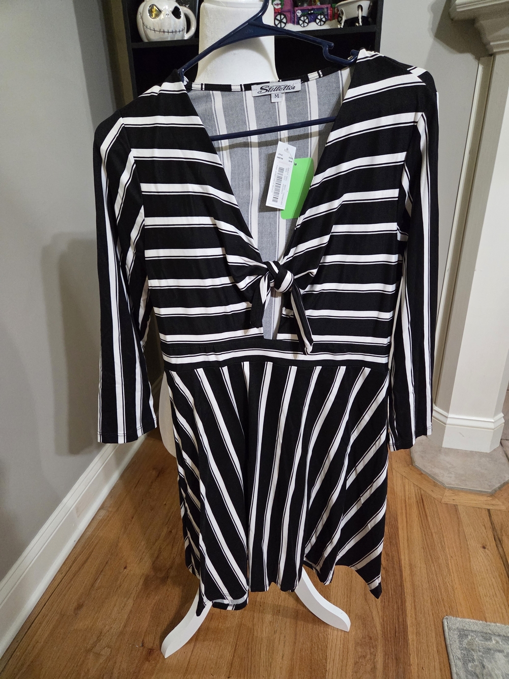 Black and White Striped Tie-Front Tunic Dress